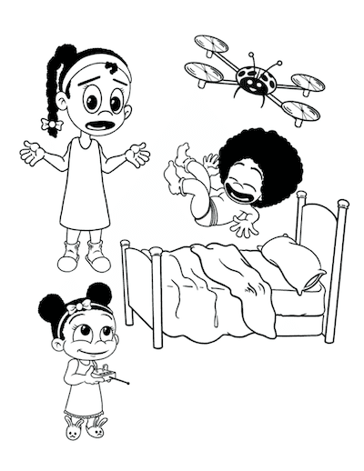 Anissa flying a drone while Amir jumps on the bed. Amina looks bored.